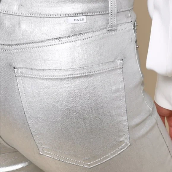 Daze Denim Smarty Pants Silver Coated High-Rise Straight Leg Jeans